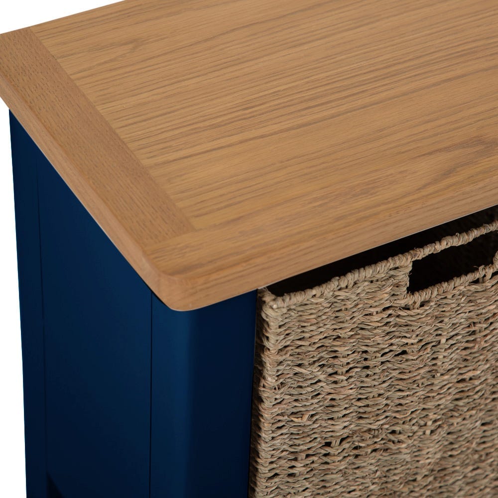 Rutland Blue Painted Oak Hall Bench with Wicker Baskets - The Furniture Warehouse