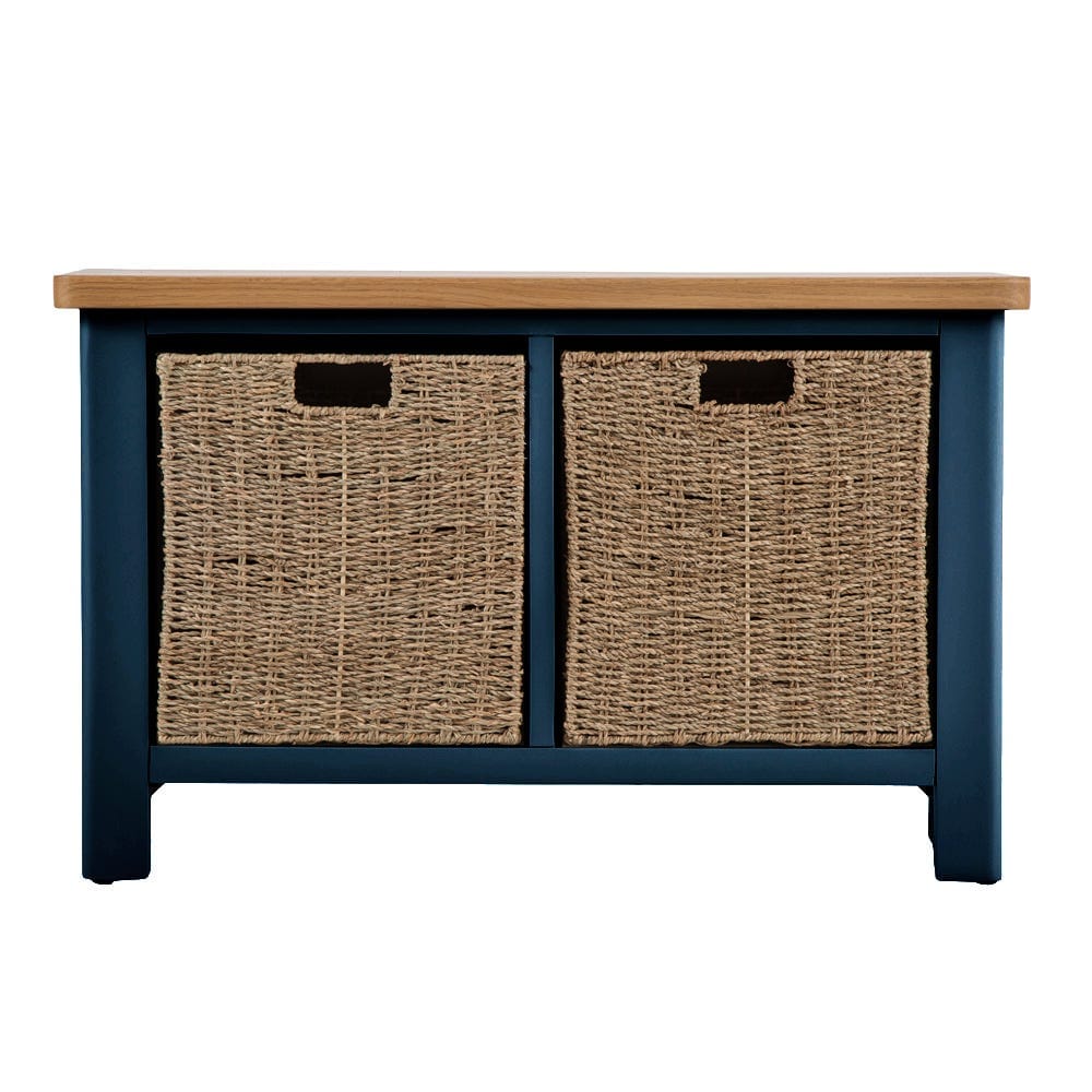 Rutland Blue Painted Oak Hall Bench with Wicker Baskets - The Furniture Warehouse