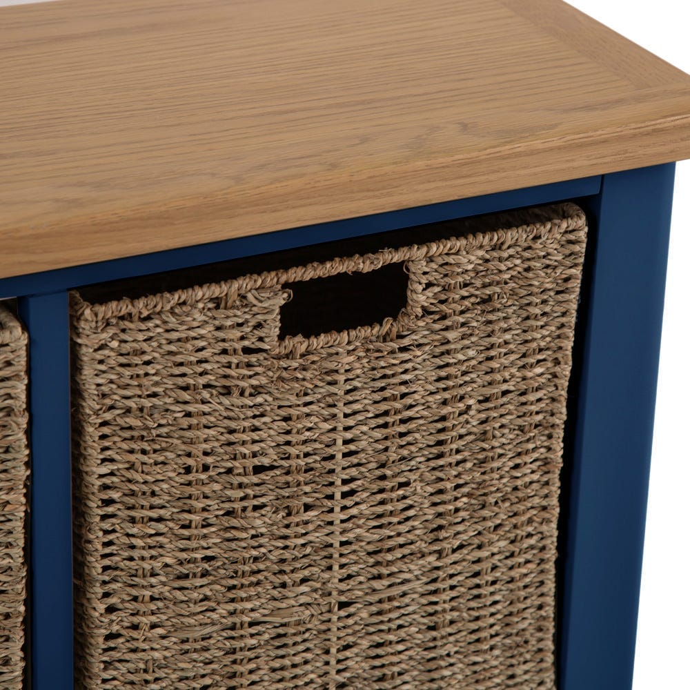 Rutland Blue Painted Oak Hall Bench with Wicker Baskets - The Furniture Warehouse