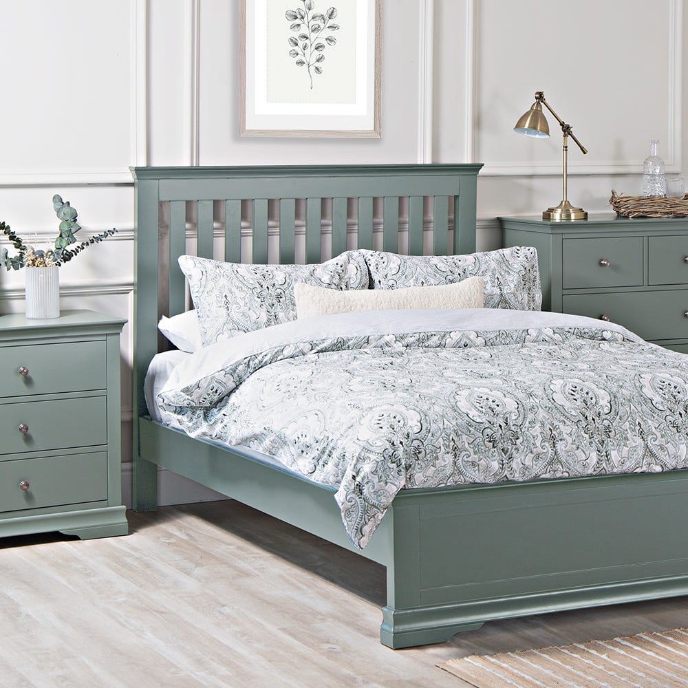 Florence Sage Green Painted Double Bed Frame Low Panelled Footboard