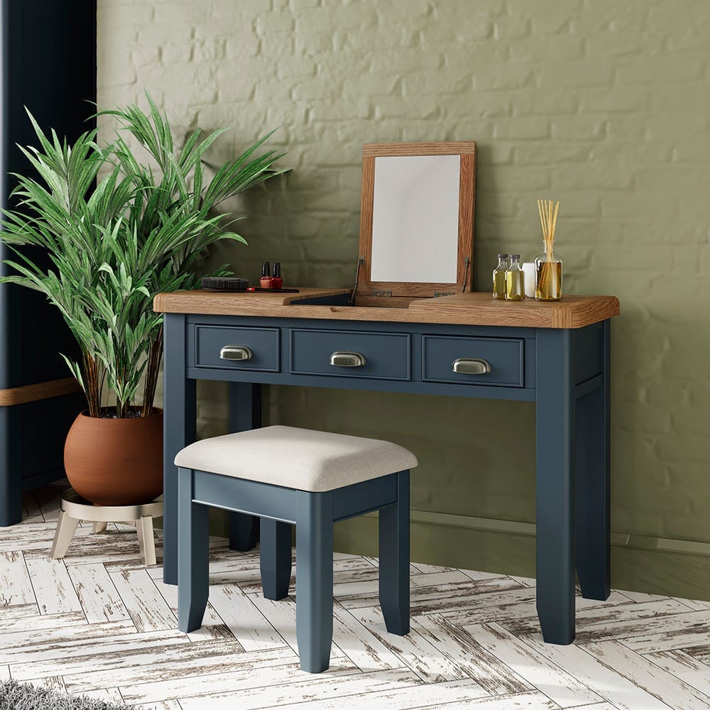 Wessex Smoked Oak Blue Painted Dressing Table With Mirror - The Furniture Warehouse