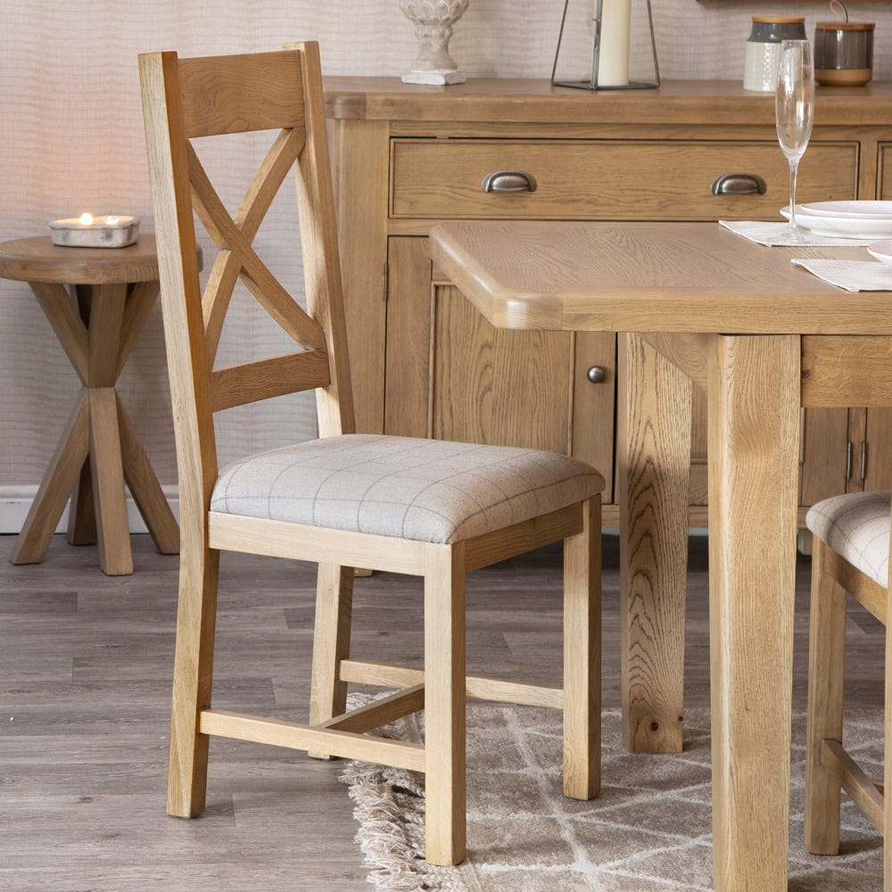 Wessex Smoked Oak Cross Back Dining Chair With Natural Check Seat - The Furniture Warehouse