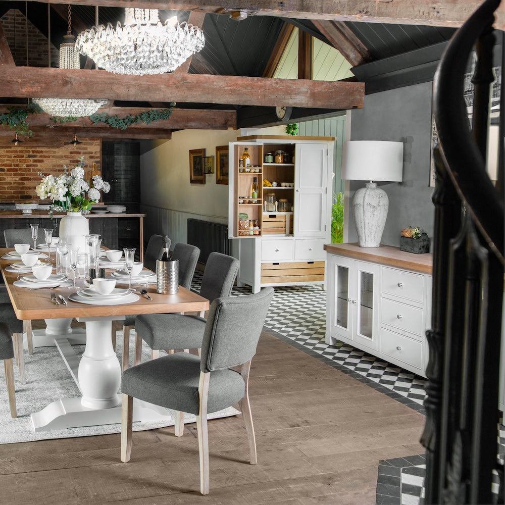 Dorset White Painted Oak Collection for Elegant Interiors enhances stylish dining with timeless design and natural beauty.