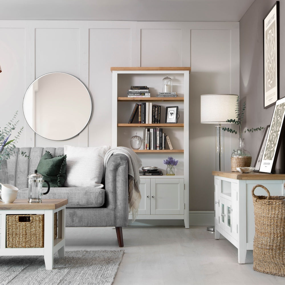 Stylish living room featuring Eaton White Painted Oak Modern Furniture Collection with elegant lines and soft finishes.