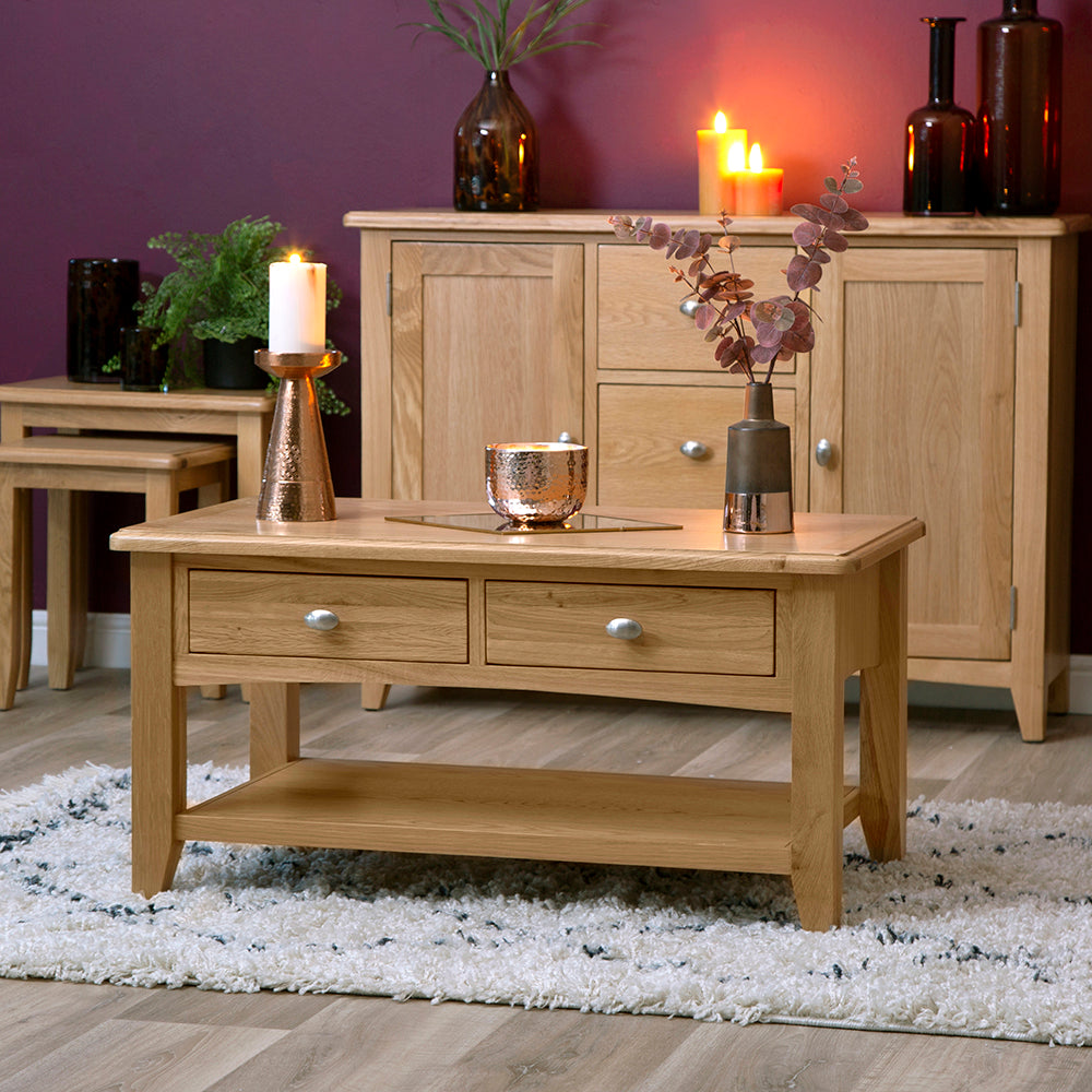 Stylish living room setup featuring the Gloucester Oak Collection for Elegant Home Furniture, showcasing solid oak craftsmanship.