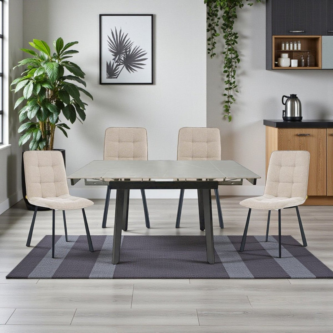 0.8m Grey Square Extending Ceramic Table &amp; 4 x Biscuit Panel Stitch Chair Set - The Furniture Warehouse