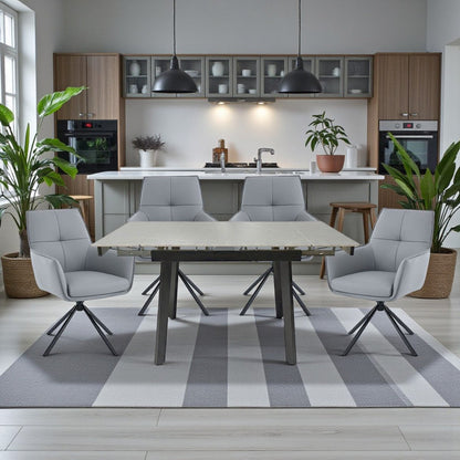 0.8m Grey Square Extending Ceramic Table &amp; 4 x Dark Grey Luxe Cross Stitch Swivel Chair Set - The Furniture Warehouse