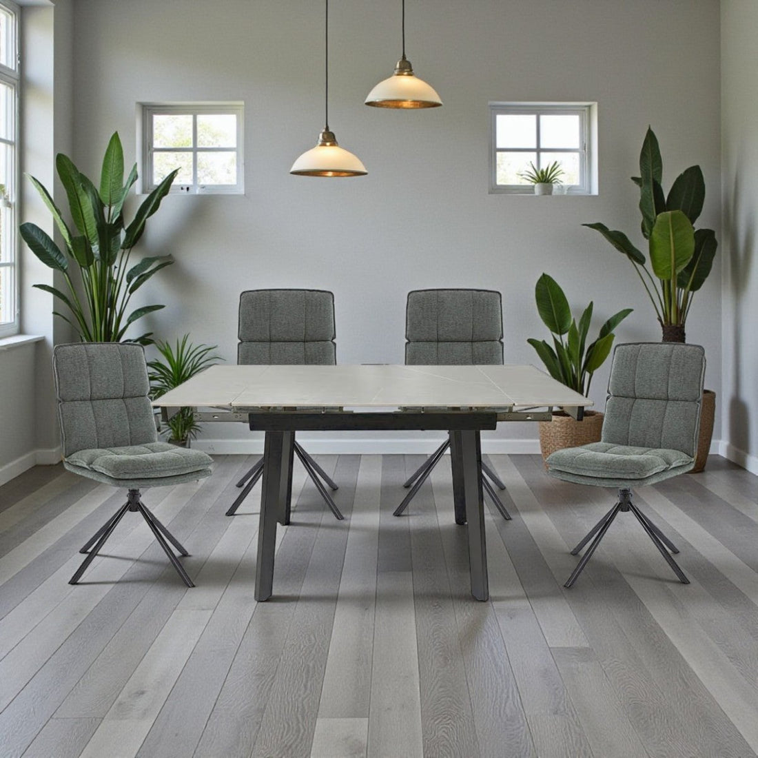 0.8m Grey Square Extending Ceramic Table &amp; 4 x Forest Green Luxe Panel Stitch Swivel Chair Set - The Furniture Warehouse
