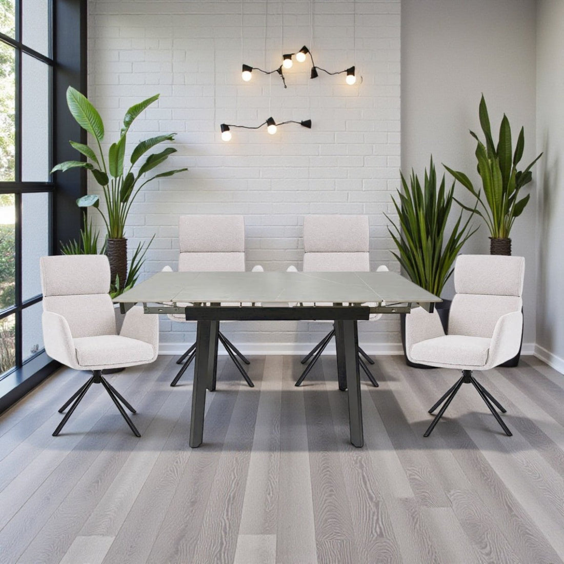 0.8m Grey Square Extending Ceramic Table &amp; 4 x Grey High Back Swivel Chair Set - The Furniture Warehouse