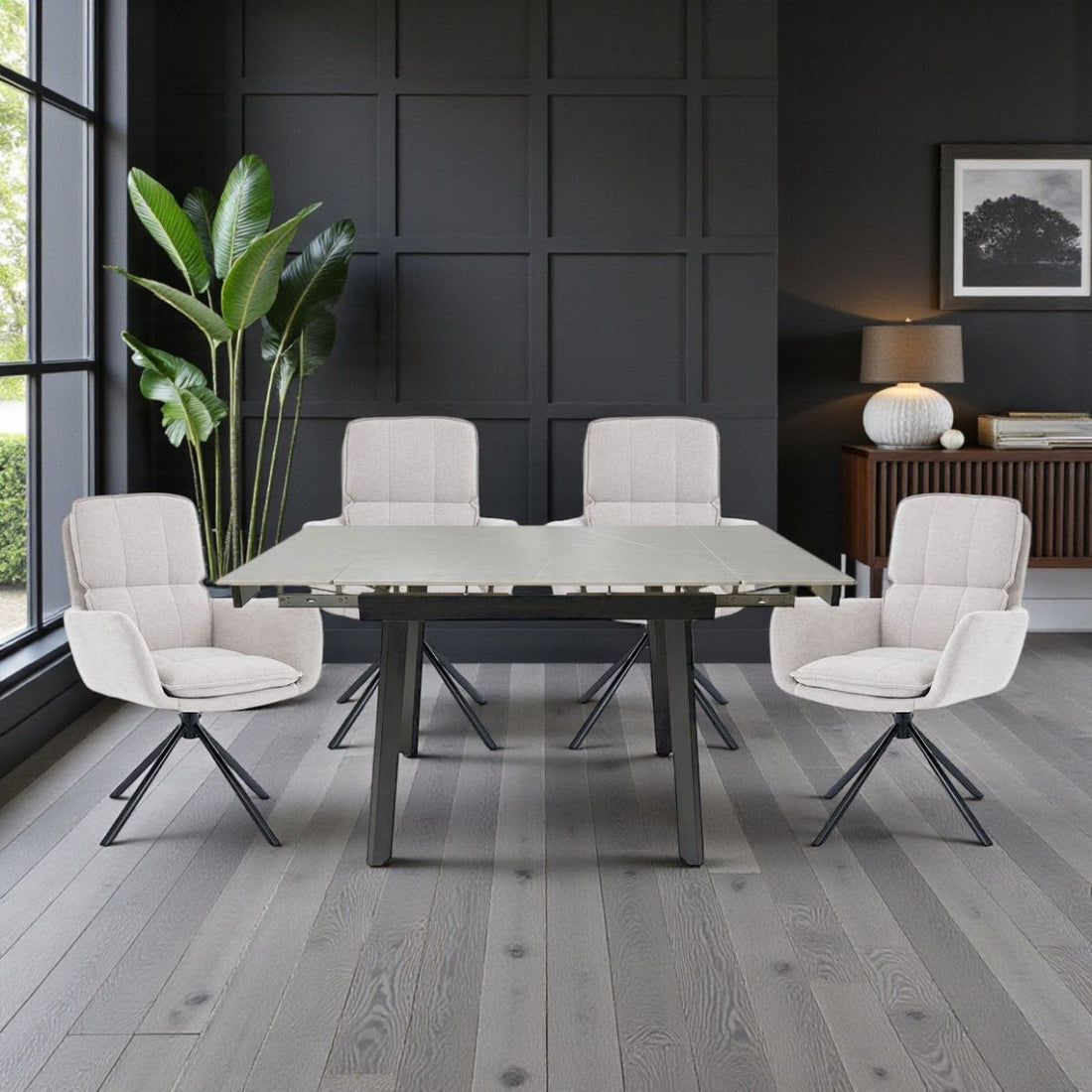 0.8m Grey Square Extending Ceramic Table &amp; 4 x Grey Luxe Panel Stitch Swivel Chair Set - The Furniture Warehouse