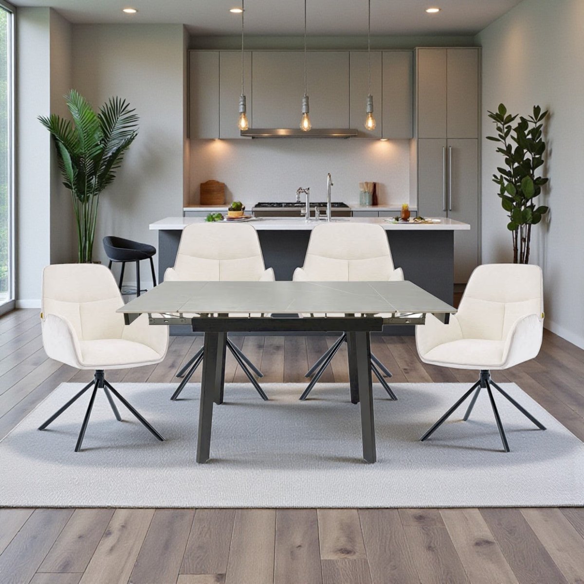0.8m Grey Square Extending Ceramic Table &amp; 4 x Grey Luxe T Stitch Swivel Chair Set - The Furniture Warehouse