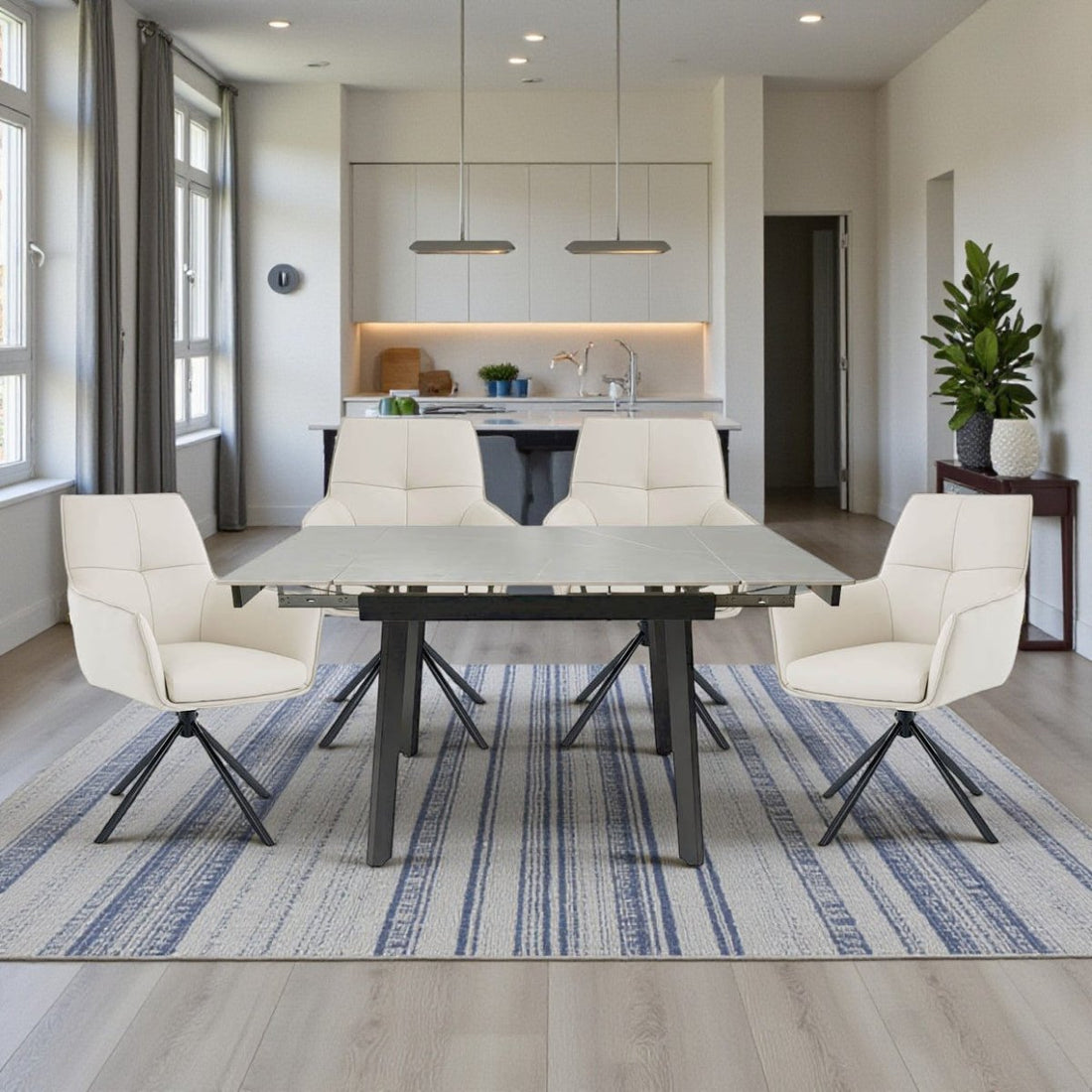 0.8m Grey Square Extending Ceramic Table &amp; 4 x Light Grey Luxe Cross Stitch Swivel Chair Set - The Furniture Warehouse