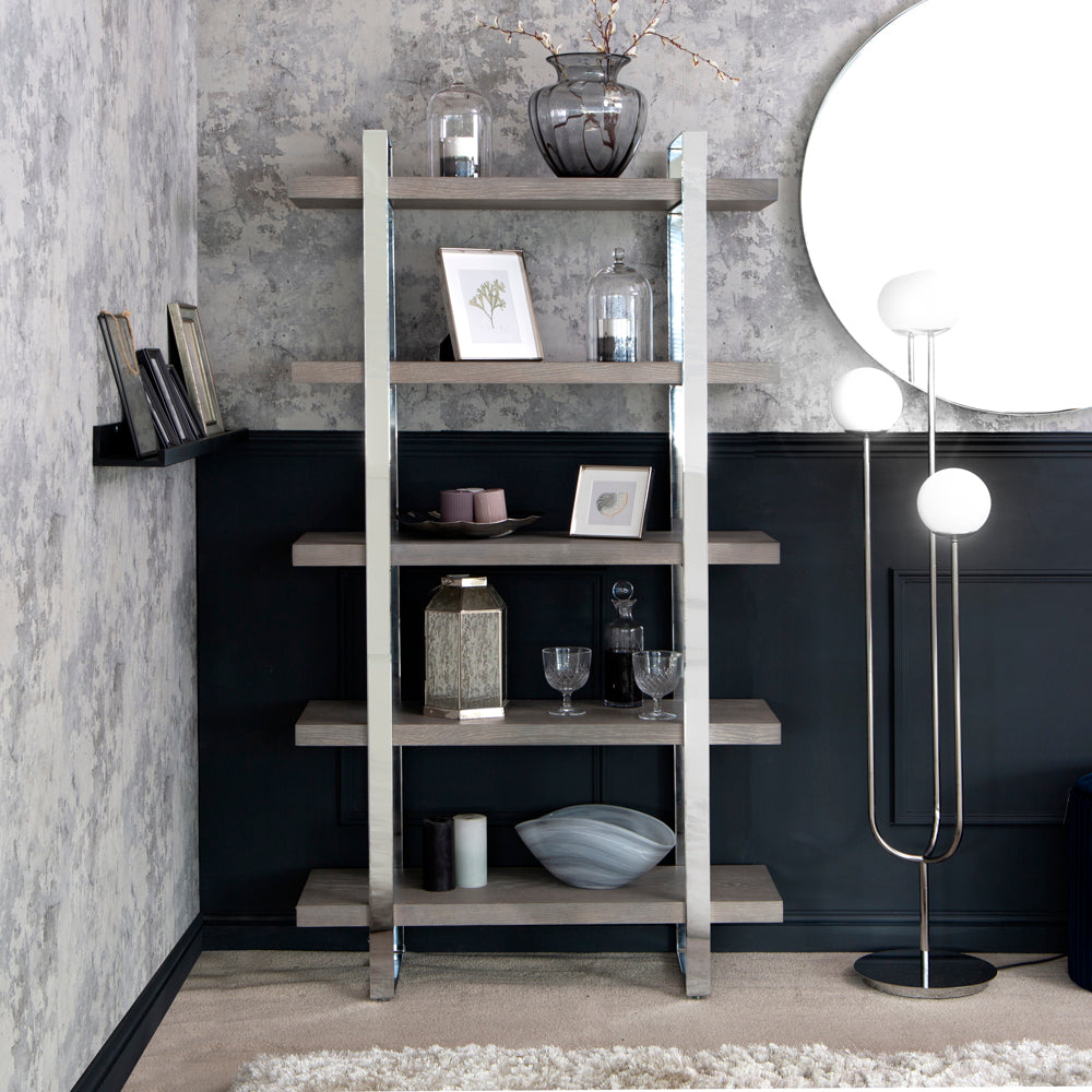 Milan Chrome &amp; Oak Large Bookcase