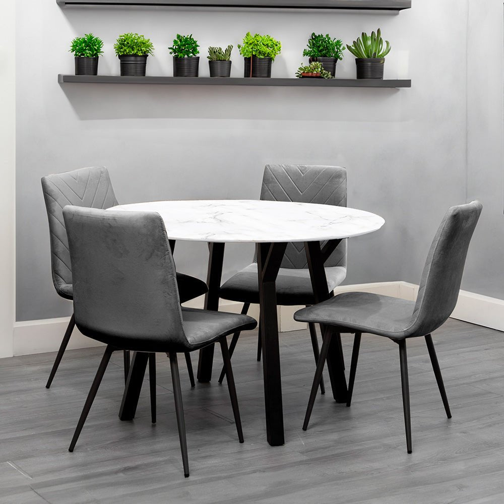 1.1m Marble Round Table &amp; 4 x CH66 Grey Chairs - The Furniture Warehouse