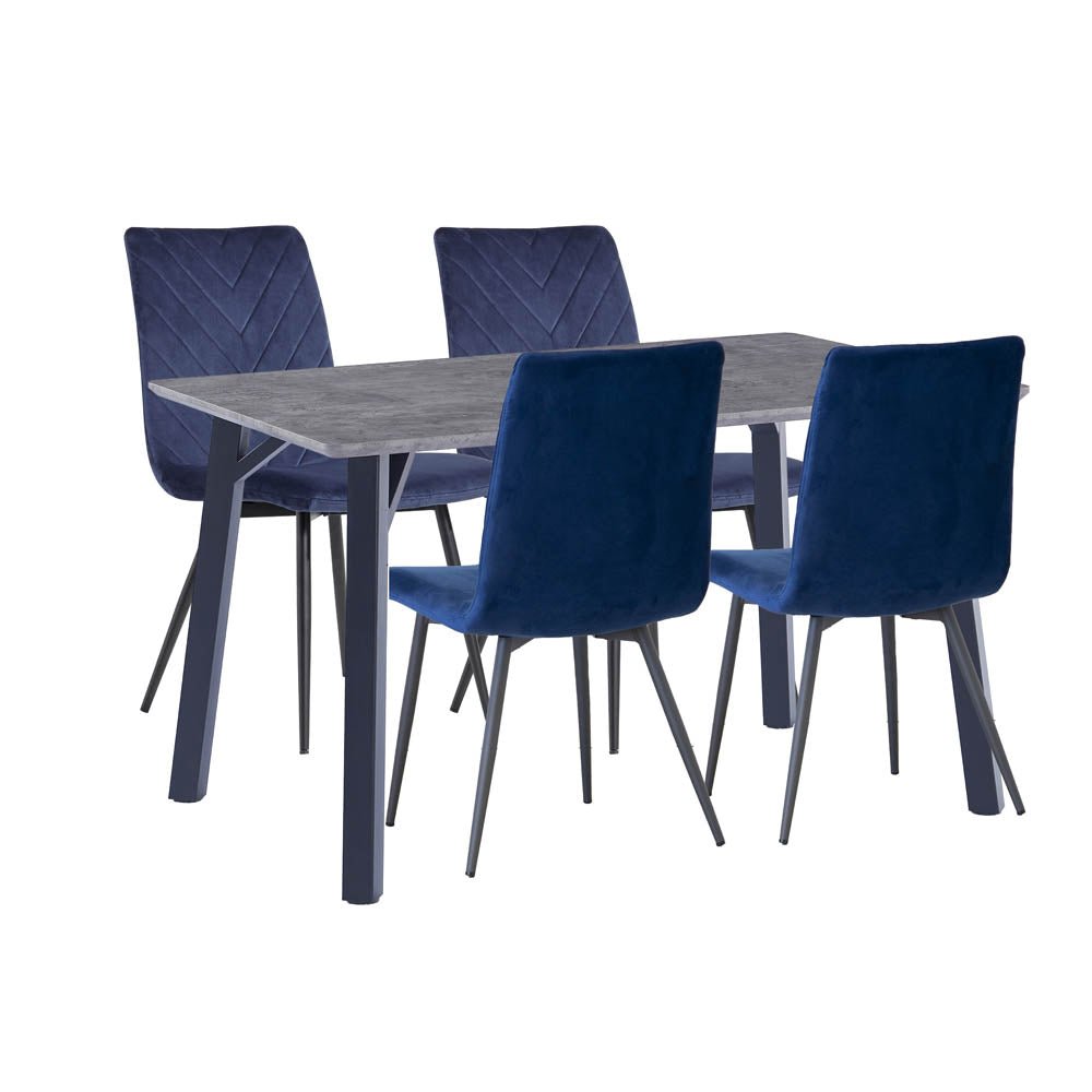 1.2m Concrete Table &amp; 4 x CH66 Blue Chairs - The Furniture Warehouse