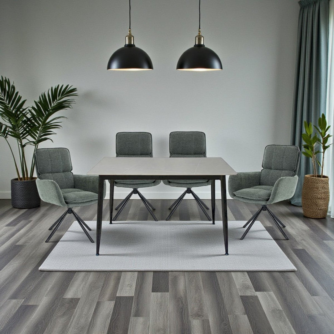1.2m Grey Ceramic Table &amp; 4 x Forest Green Luxe Panel Stitch Swivel Chair Set - The Furniture Warehouse
