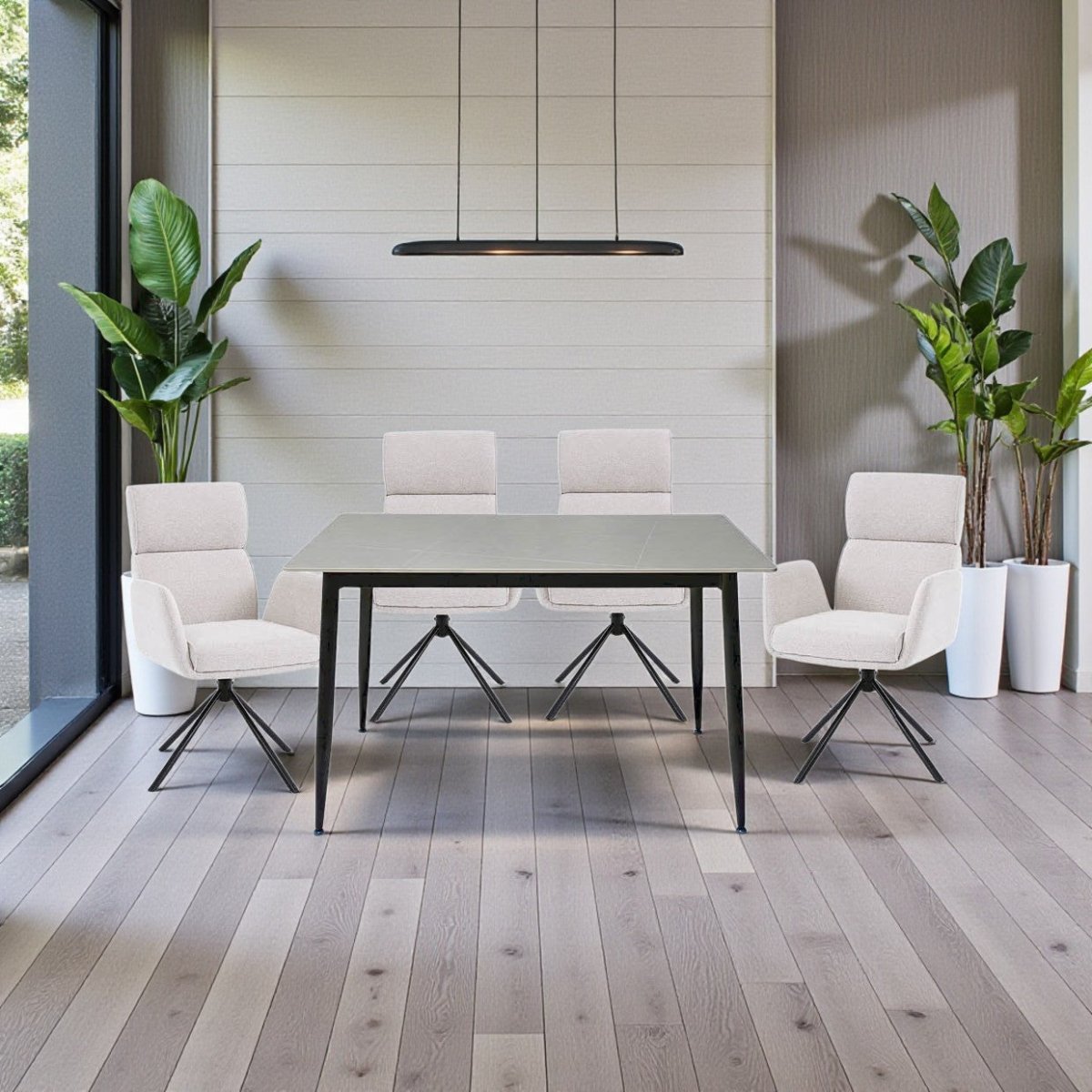 1.2m Grey Ceramic Table &amp; 4 x Grey High Back Swivel Chair Set - The Furniture Warehouse