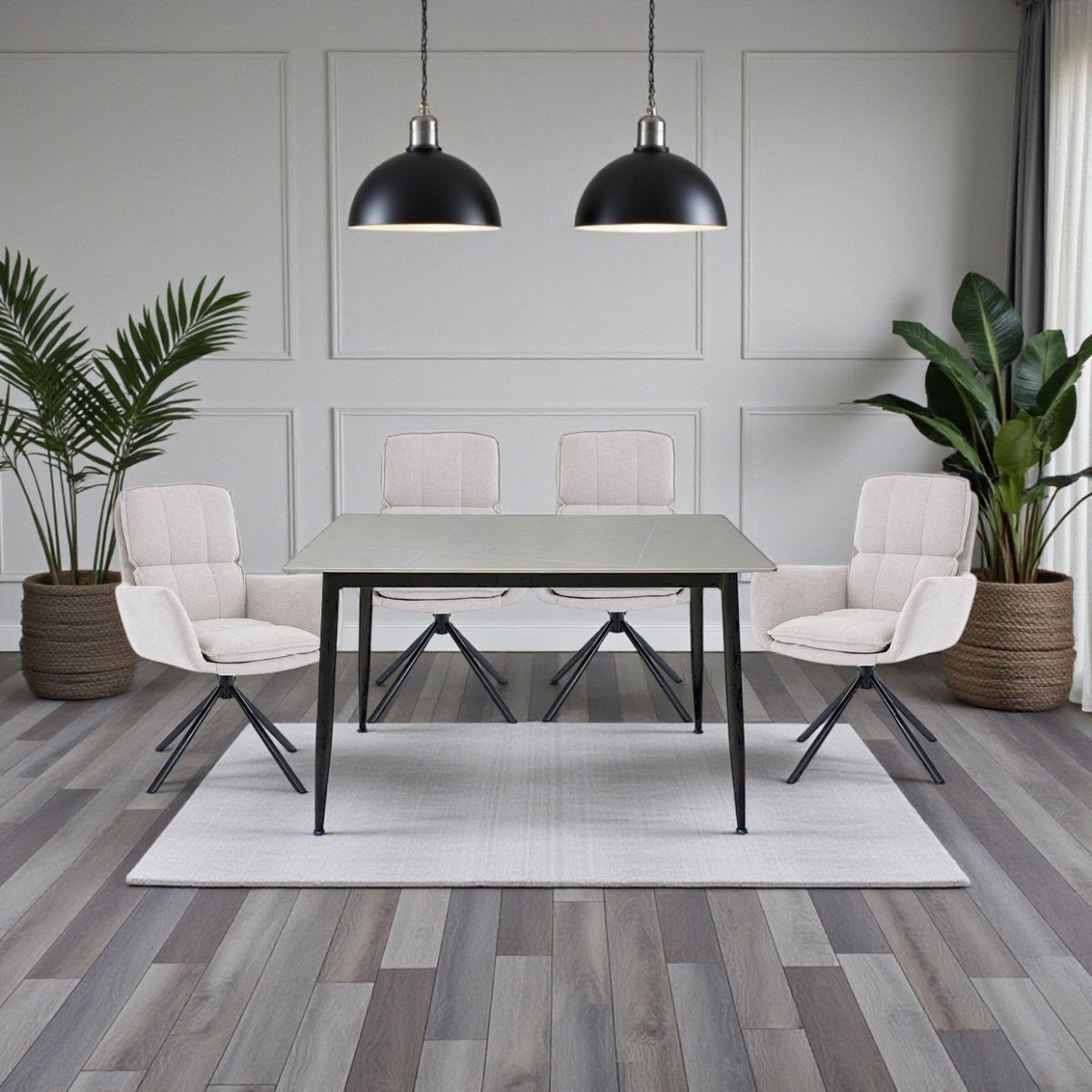 1.2m Grey Ceramic Table &amp; 4 x Grey Luxe Panel Stitch Swivel Chair Set - The Furniture Warehouse