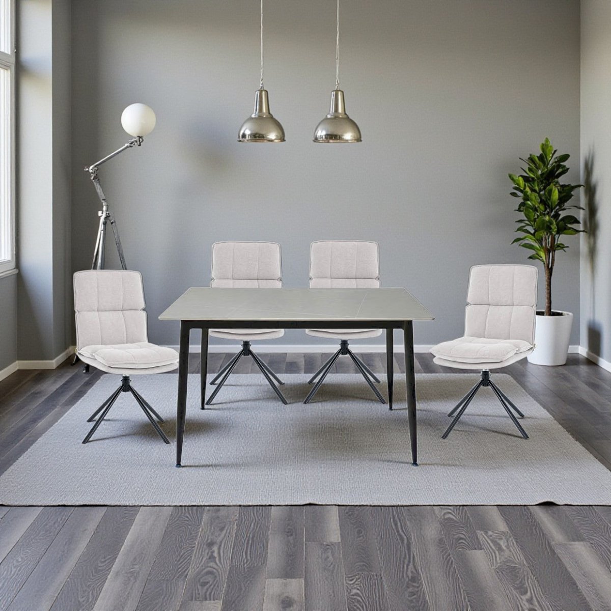 1.2m Grey Ceramic Table &amp; 4 x Grey Luxe Panel Stitch Swivel Chair Set - The Furniture Warehouse