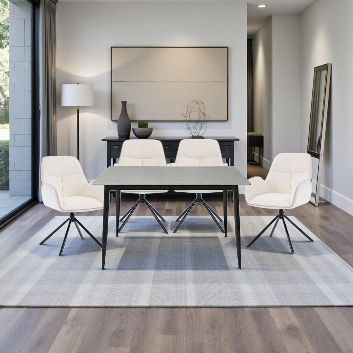 1.2m Grey Ceramic Table &amp; 4 x Grey Luxe T Stitch Swivel Chair Set - The Furniture Warehouse