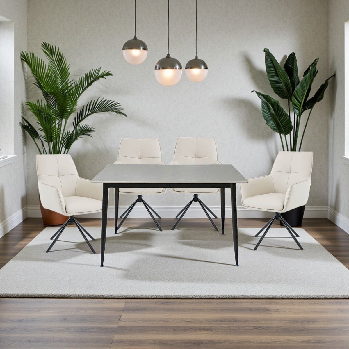 1.2m Grey Ceramic Table &amp; 4 x Light Grey Luxe Cross Stitch Swivel Chair Set - The Furniture Warehouse