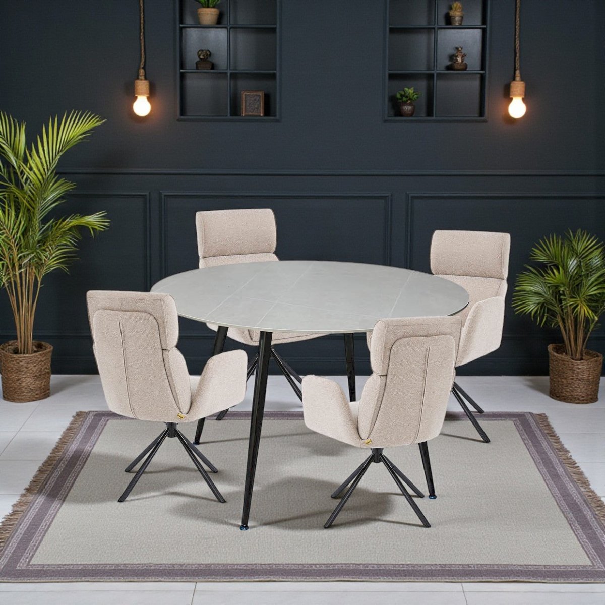 1.2m Grey Circular Ceramic Table &amp; 4 x Biscuit High Back Swivel Chair Set - The Furniture Warehouse