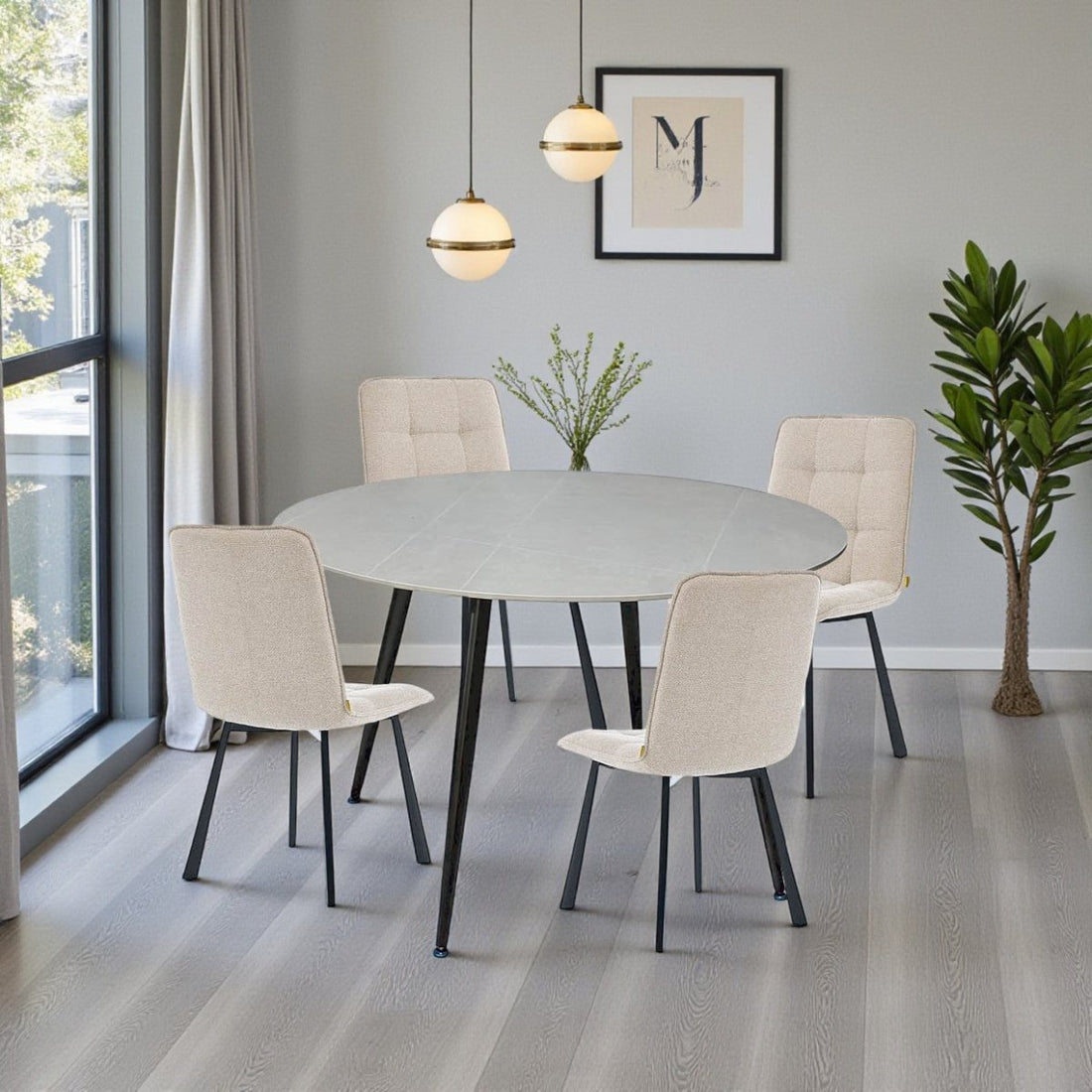 1.2m Grey Circular Ceramic Table &amp; 4 x Biscuit Panel Stitch Chair Set - The Furniture Warehouse