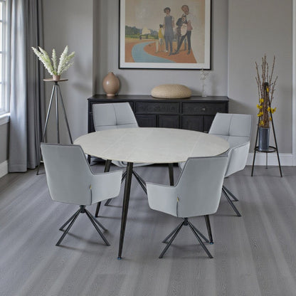 1.2m Grey Circular Ceramic Table &amp; 4 x Dark Grey Luxe Cross Stitch Swivel Chair Set - The Furniture Warehouse
