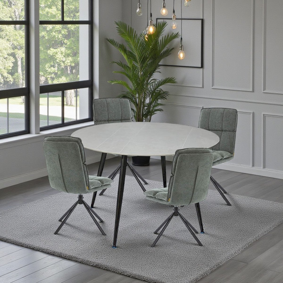 1.2m Grey Circular Ceramic Table &amp; 4 x Forest Green Luxe Panel Stitch Swivel Chair Set - The Furniture Warehouse