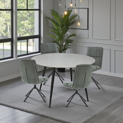 1.2m Grey Circular Ceramic Table &amp; 4 x Forest Green Luxe Panel Stitch Swivel Chair Set - The Furniture Warehouse