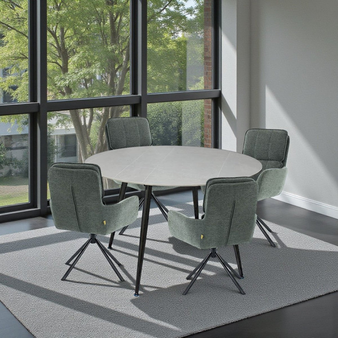 1.2m Grey Circular Ceramic Table &amp; 4 x Forest Green Luxe Panel Stitch Swivel Chair Set - The Furniture Warehouse