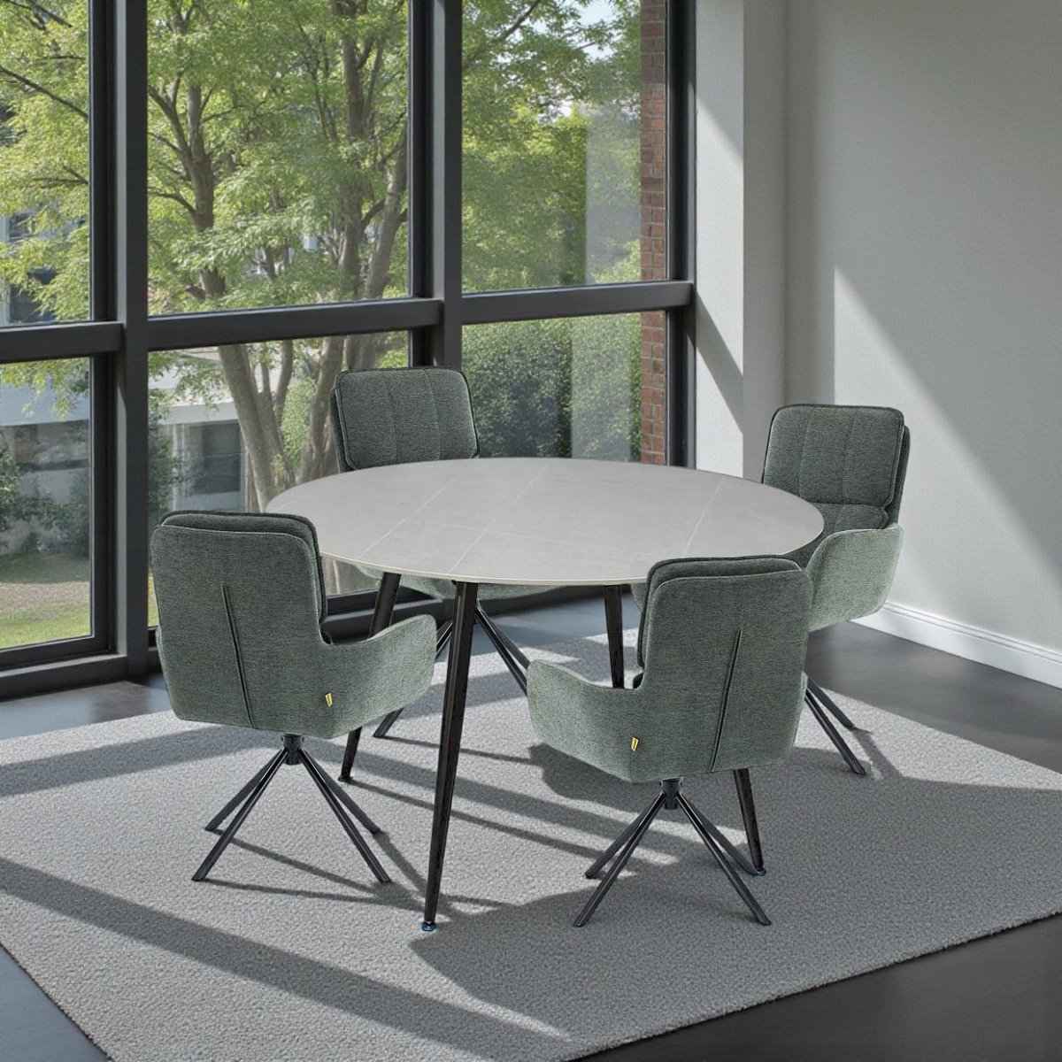 1.2m Grey Circular Ceramic Table &amp; 4 x Forest Green Luxe Panel Stitch Swivel Chair Set - The Furniture Warehouse