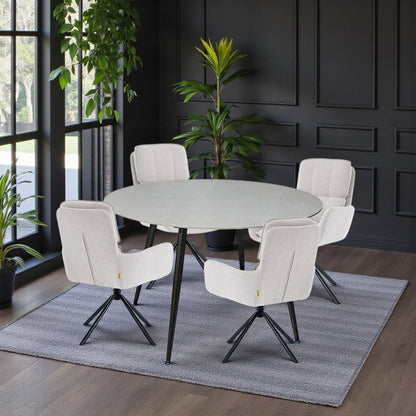 1.2m Grey Circular Ceramic Table &amp; 4 x Grey Luxe Panel Stitch Swivel Chair Set - The Furniture Warehouse