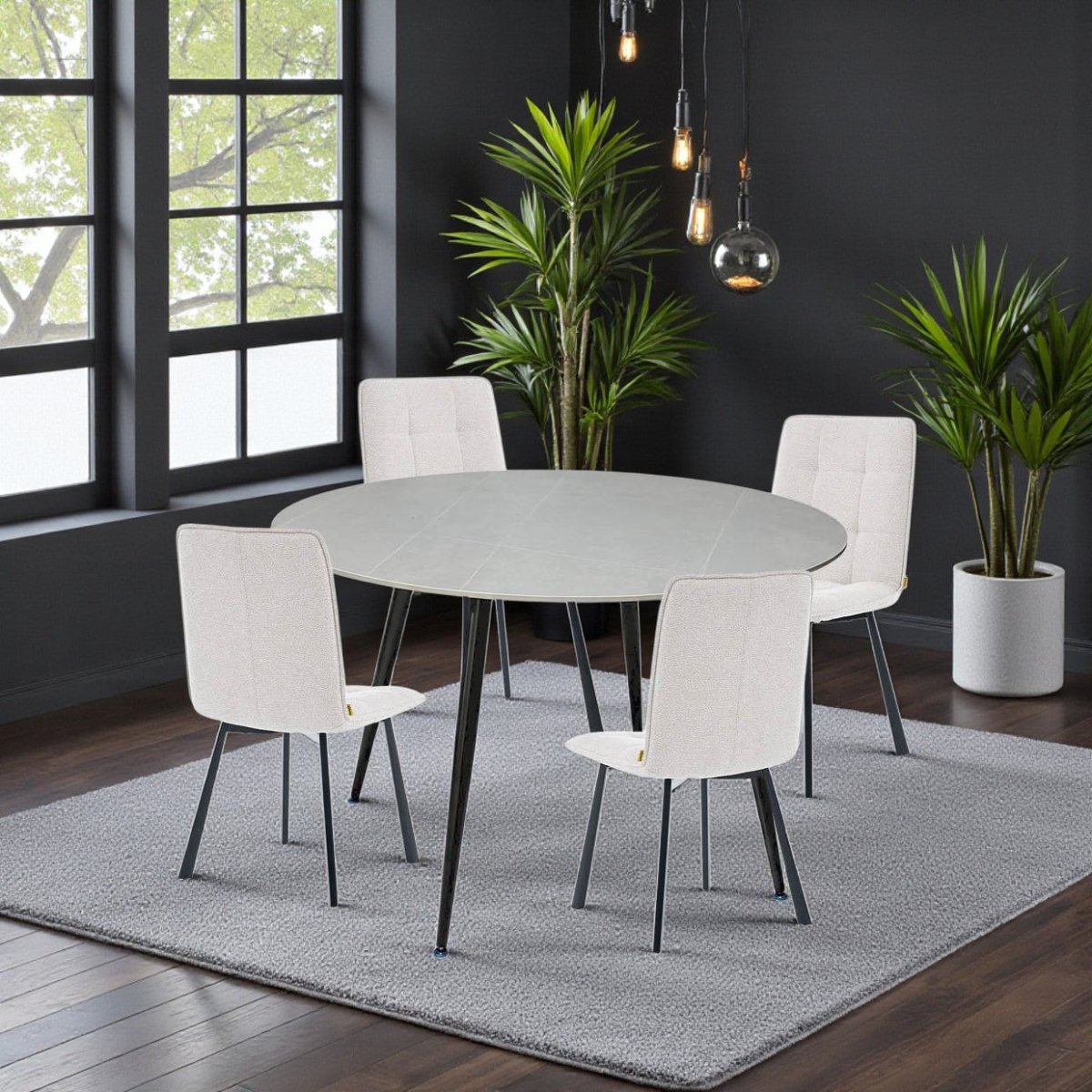 1.2m Grey Circular Ceramic Table &amp; 4 x Grey Panel Stitch Chair Set - The Furniture Warehouse