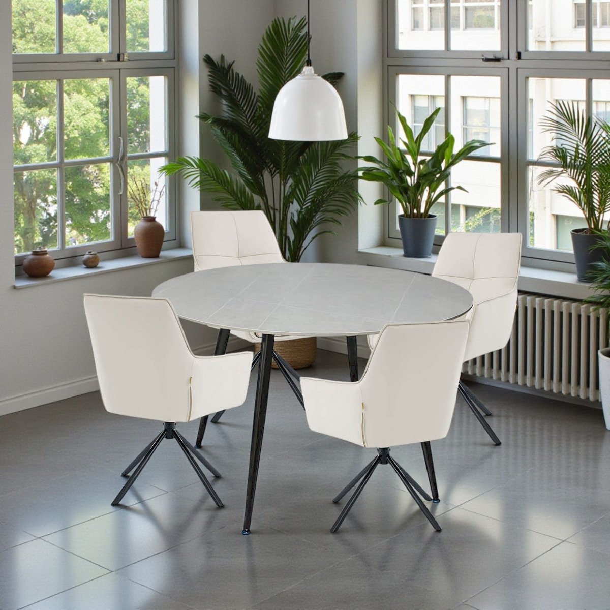 1.2m Grey Circular Ceramic Table &amp; 4 x Light Grey Luxe Cross Stitch Swivel Chair Set - The Furniture Warehouse
