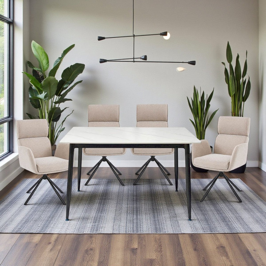 1.2m White Ceramic Table &amp; 4 x Biscuit High Back Swivel Chair Set - The Furniture Warehouse