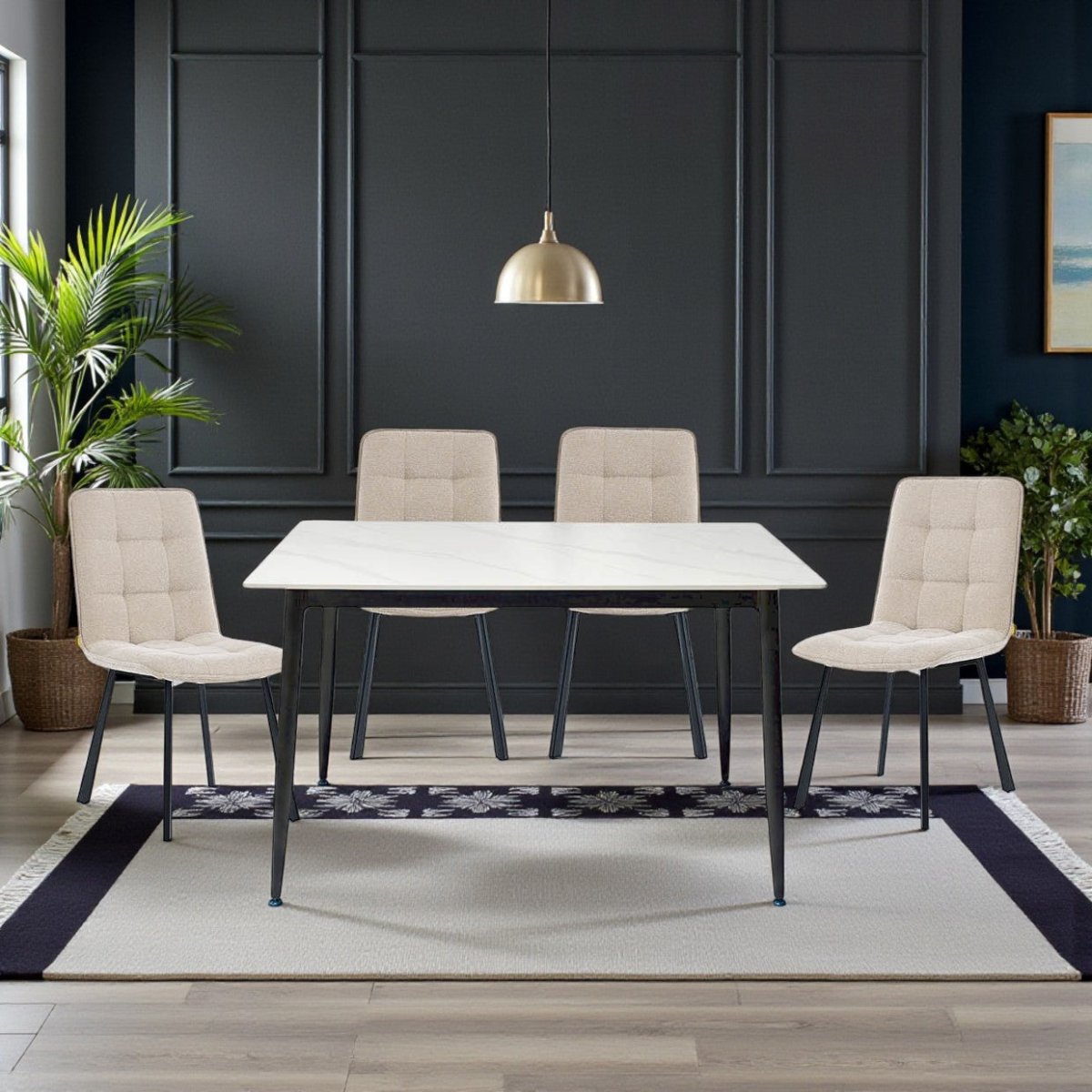 1.2m White Ceramic Table &amp; 4 x Biscuit Panel Stitch Chair Set - The Furniture Warehouse