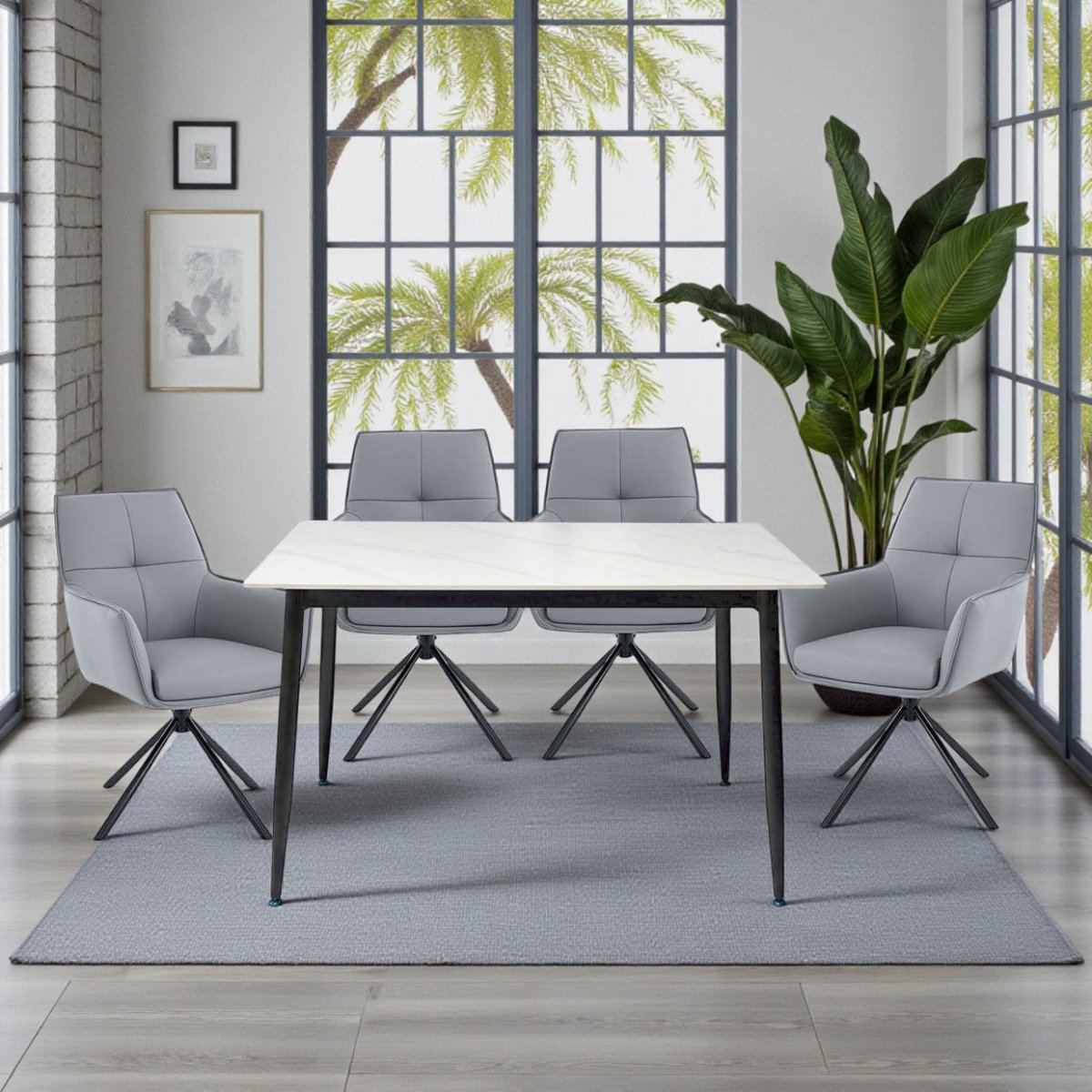 1.2m White Ceramic Table &amp; 4 x Dark Grey Luxe Cross Stitch Swivel Chair Set - The Furniture Warehouse