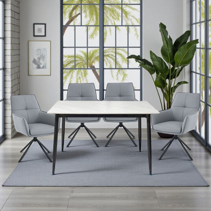 1.2m White Ceramic Table &amp; 4 x Dark Grey Luxe Cross Stitch Swivel Chair Set - The Furniture Warehouse