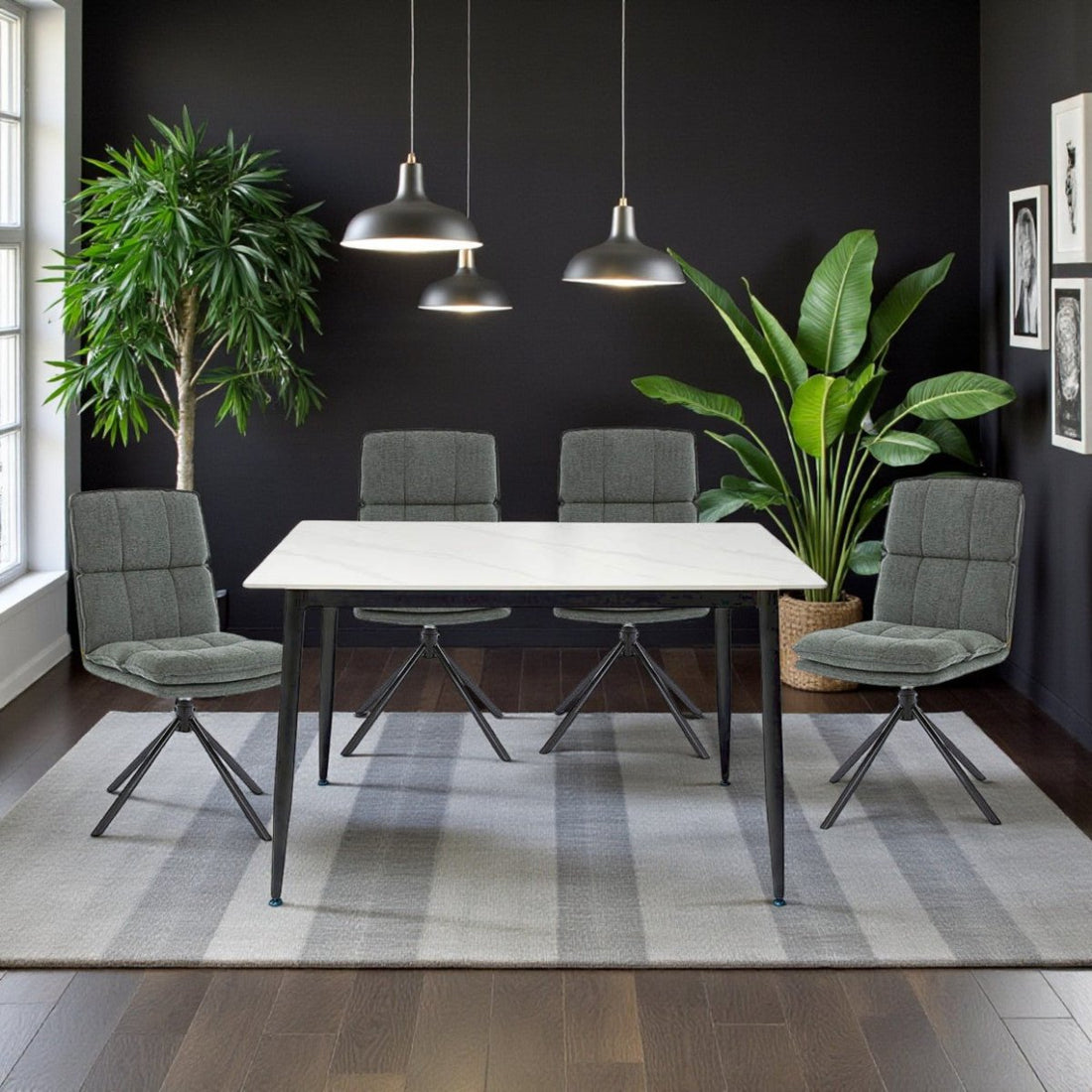 1.2m White Ceramic Table &amp; 4 x Forest Green Luxe Panel Stitch Swivel Chair Set - The Furniture Warehouse