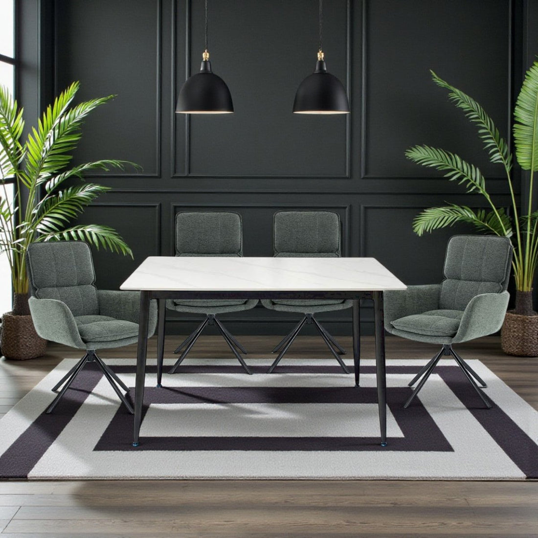 1.2m White Ceramic Table &amp; 4 x Forest Green Luxe Panel Stitch Swivel Chair Set - The Furniture Warehouse