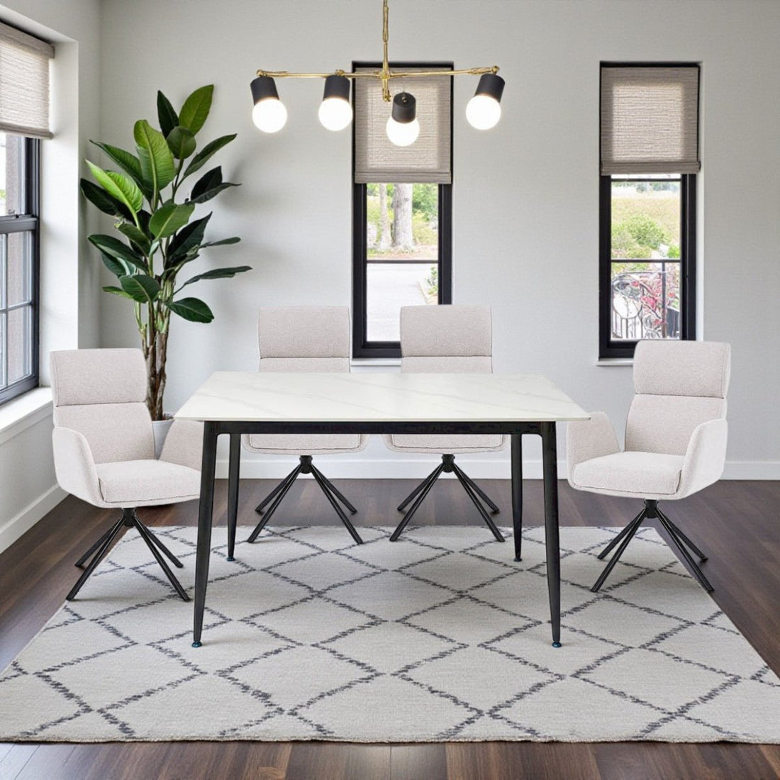 1.2m White Ceramic Table &amp; 4 x Grey High Back Swivel Chair Set - The Furniture Warehouse