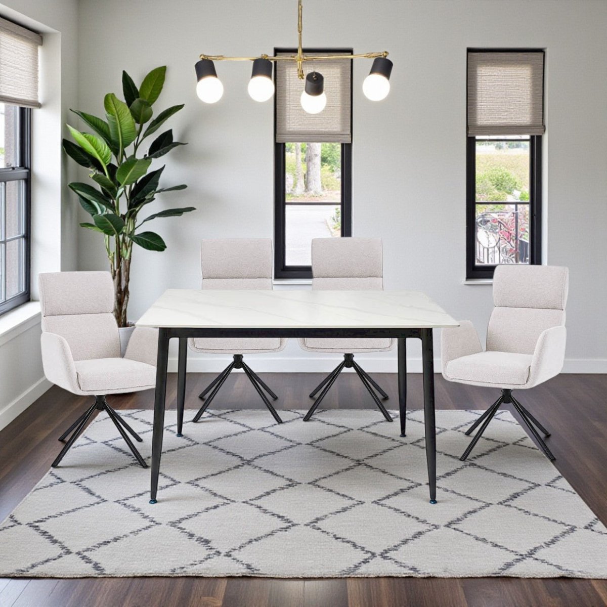 1.2m White Ceramic Table &amp; 4 x Grey High Back Swivel Chair Set - The Furniture Warehouse