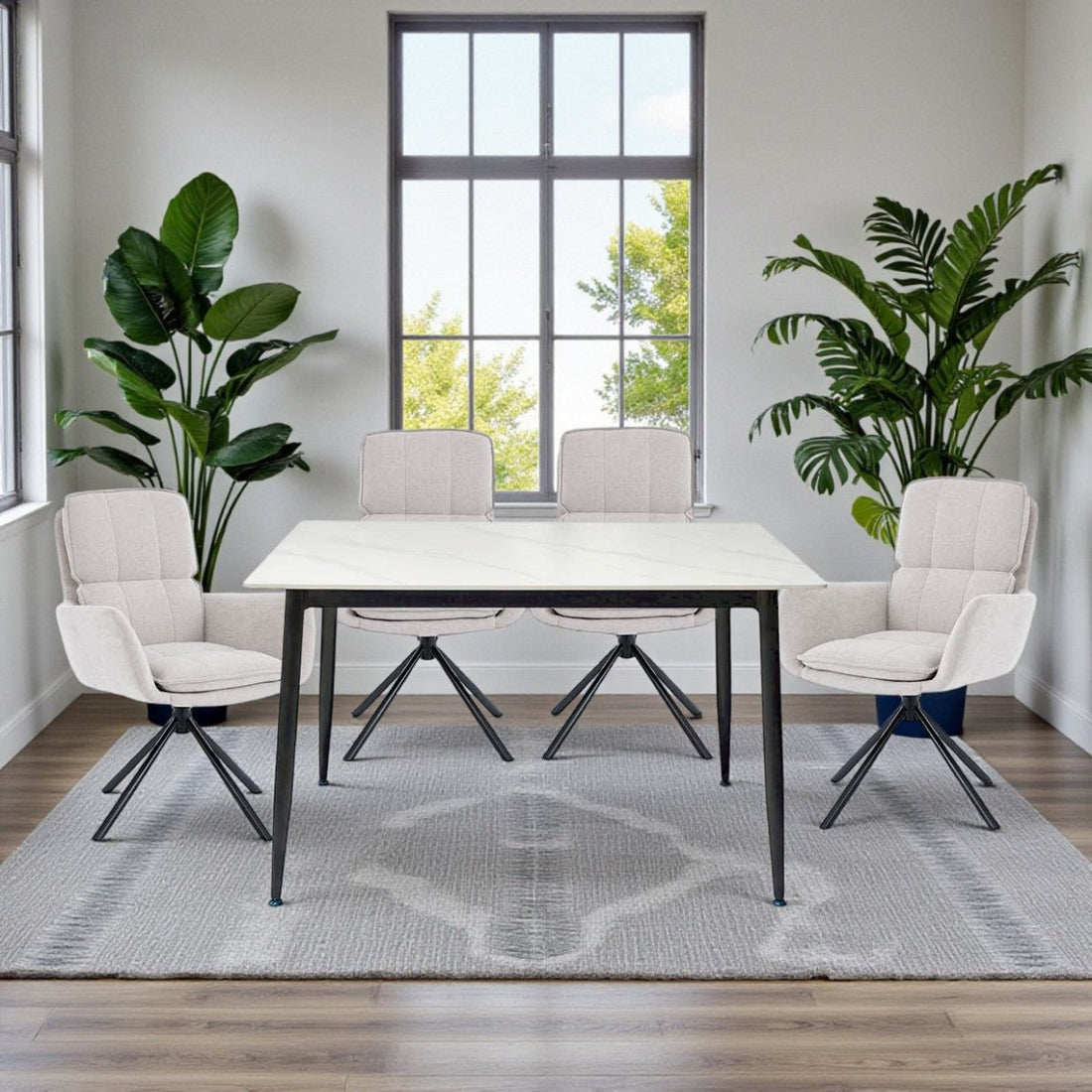 1.2m White Ceramic Table &amp; 4 x Grey Luxe Panel Stitch Swivel Chair Set - The Furniture Warehouse