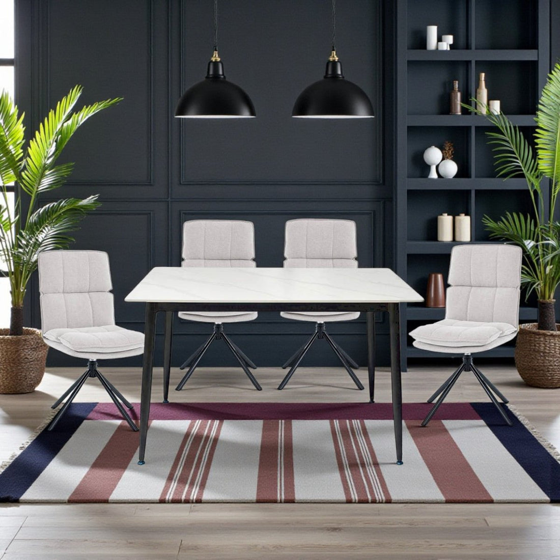 1.2m White Ceramic Table &amp; 4 x Grey Luxe Panel Stitch Swivel Chair Set - The Furniture Warehouse