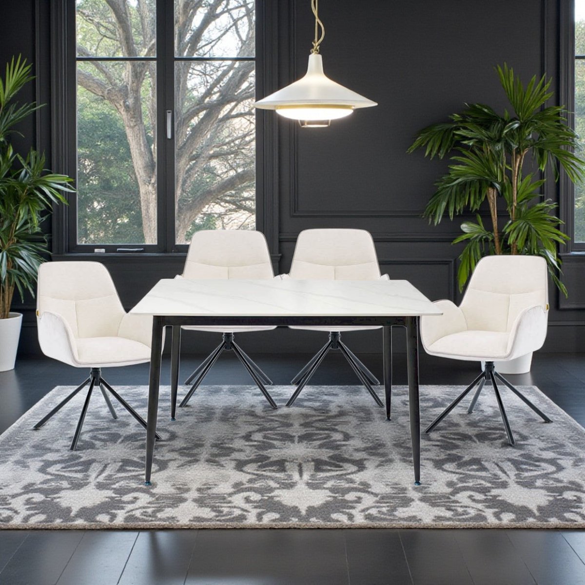 1.2m White Ceramic Table &amp; 4 x Grey Luxe T Stitch Swivel Chair Set - The Furniture Warehouse