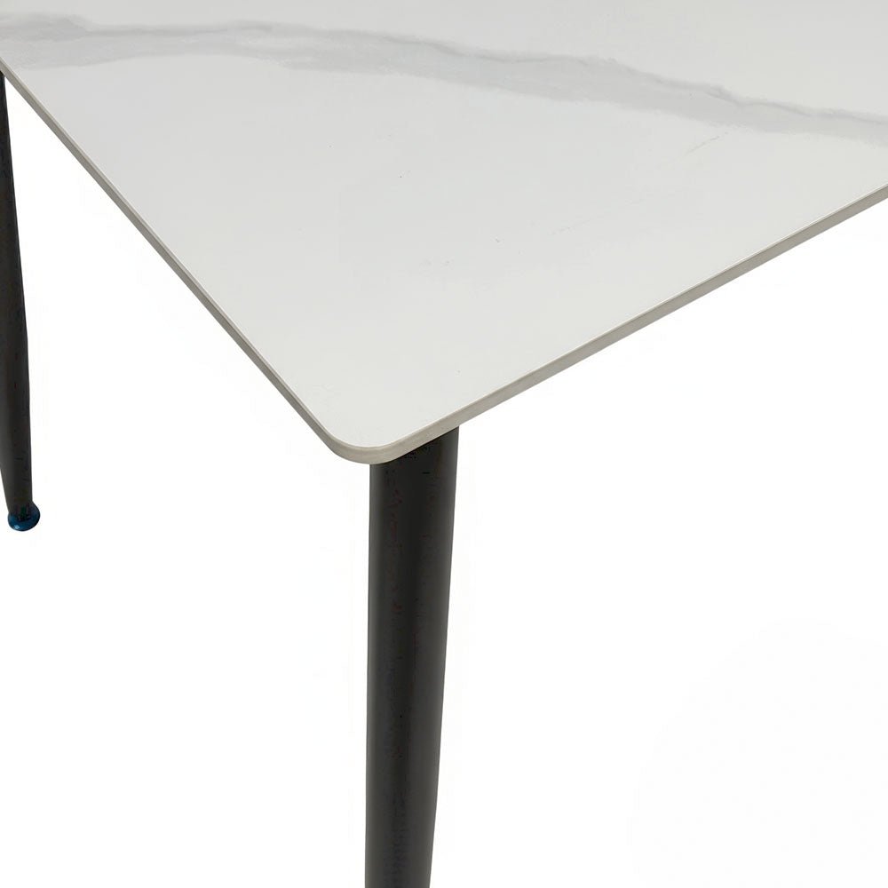 1.2m White Ceramic Table &amp; 4 x Grey Panel Stitch Chair Set - The Furniture Warehouse