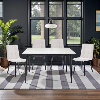 1.2m White Ceramic Table &amp; 4 x Grey Panel Stitch Chair Set - The Furniture Warehouse