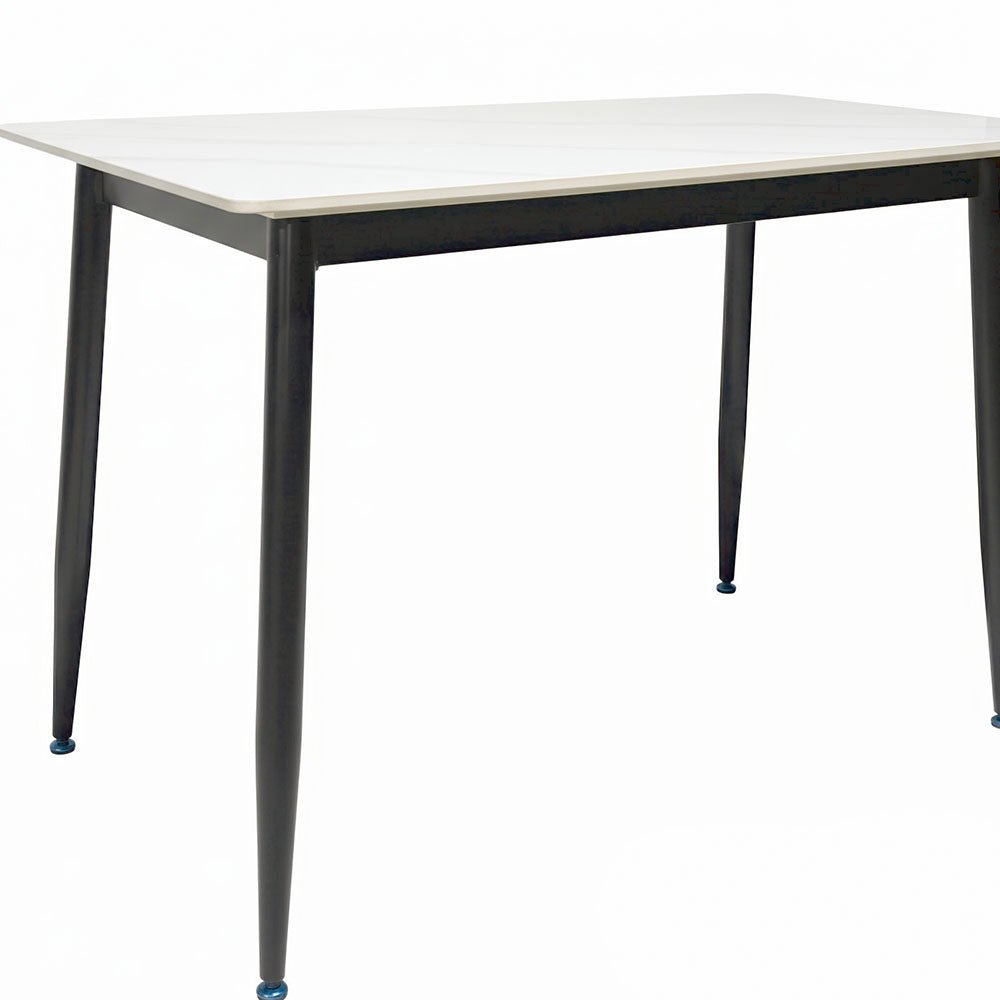 1.2m White Ceramic Table &amp; 4 x Grey Panel Stitch Chair Set - The Furniture Warehouse