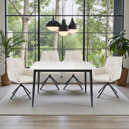 1.2m White Ceramic Table &amp; 4 x Light Grey Luxe Cross Stitch Swivel Chair Set - The Furniture Warehouse